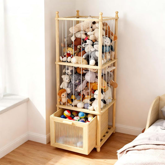 Kompaktayc Stuffed Animal Storage with Clear-View Drawer, Wooden Stuffed Animal Zoo Organizer for Nursery & Playroom