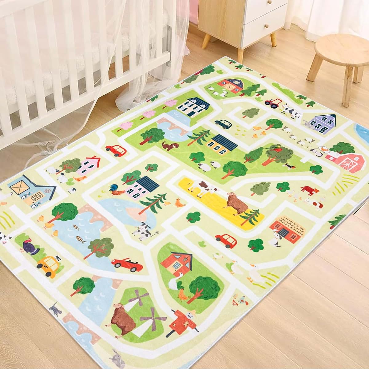 Lacomfy Kids Rug 3x5 Animals Farm Play Mat Road Car Rug for Playroom Classroom Educational Children Rug Nonslip Farm