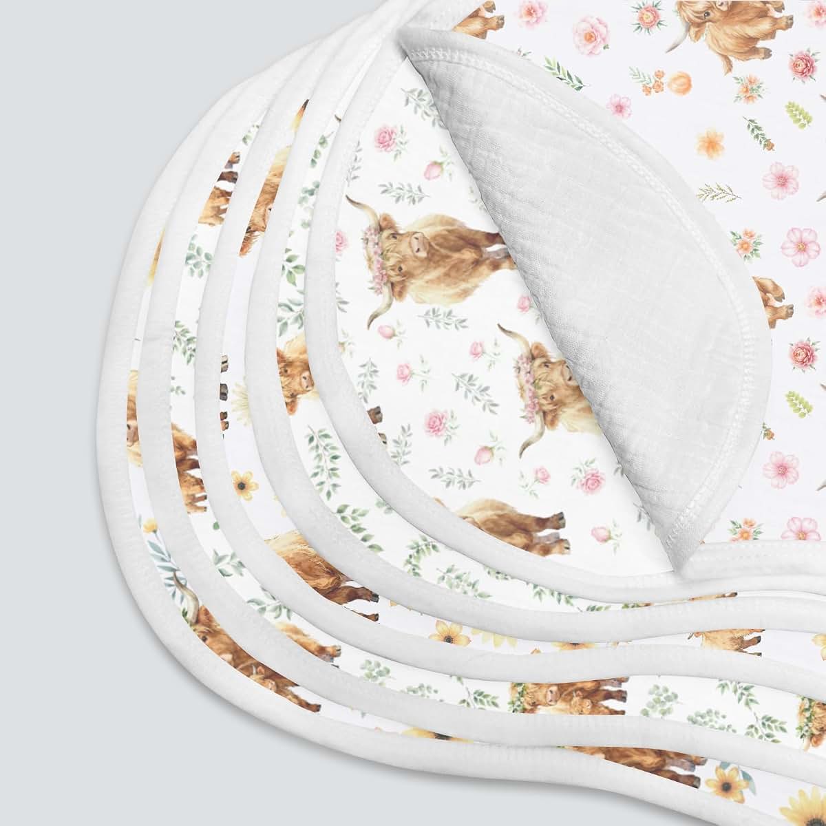 Spriggenix 4 Pack Baby Burp Cloths in Highland Cow Floral Design
