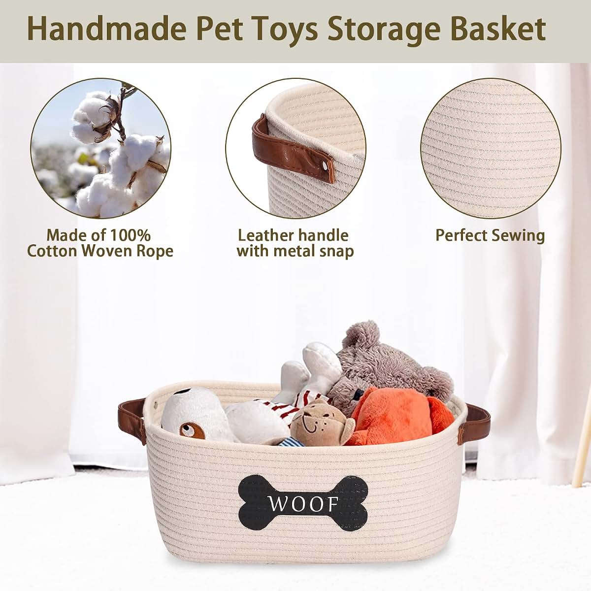 Brabtod Cotton Rope Storage Basket Medium with Handle for Toys, Blankets and Nursery Items - Beige
