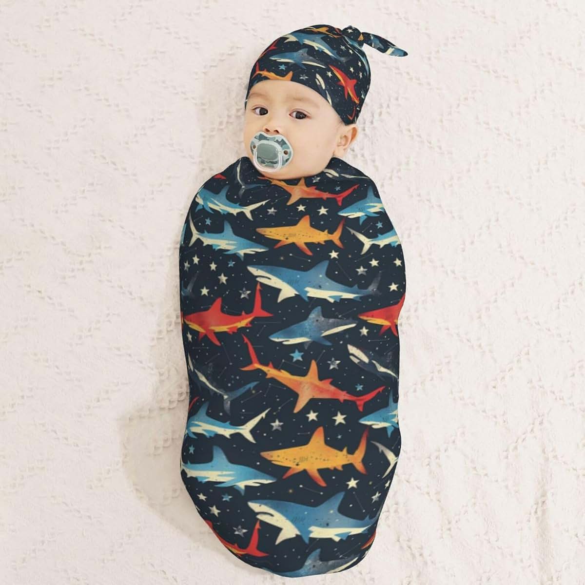 Muishi Space Sharks And Star Newborn Swaddle Blanket And Hat Set