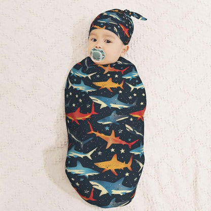 Muishi Space Sharks And Star Newborn Swaddle Blanket And Hat Set