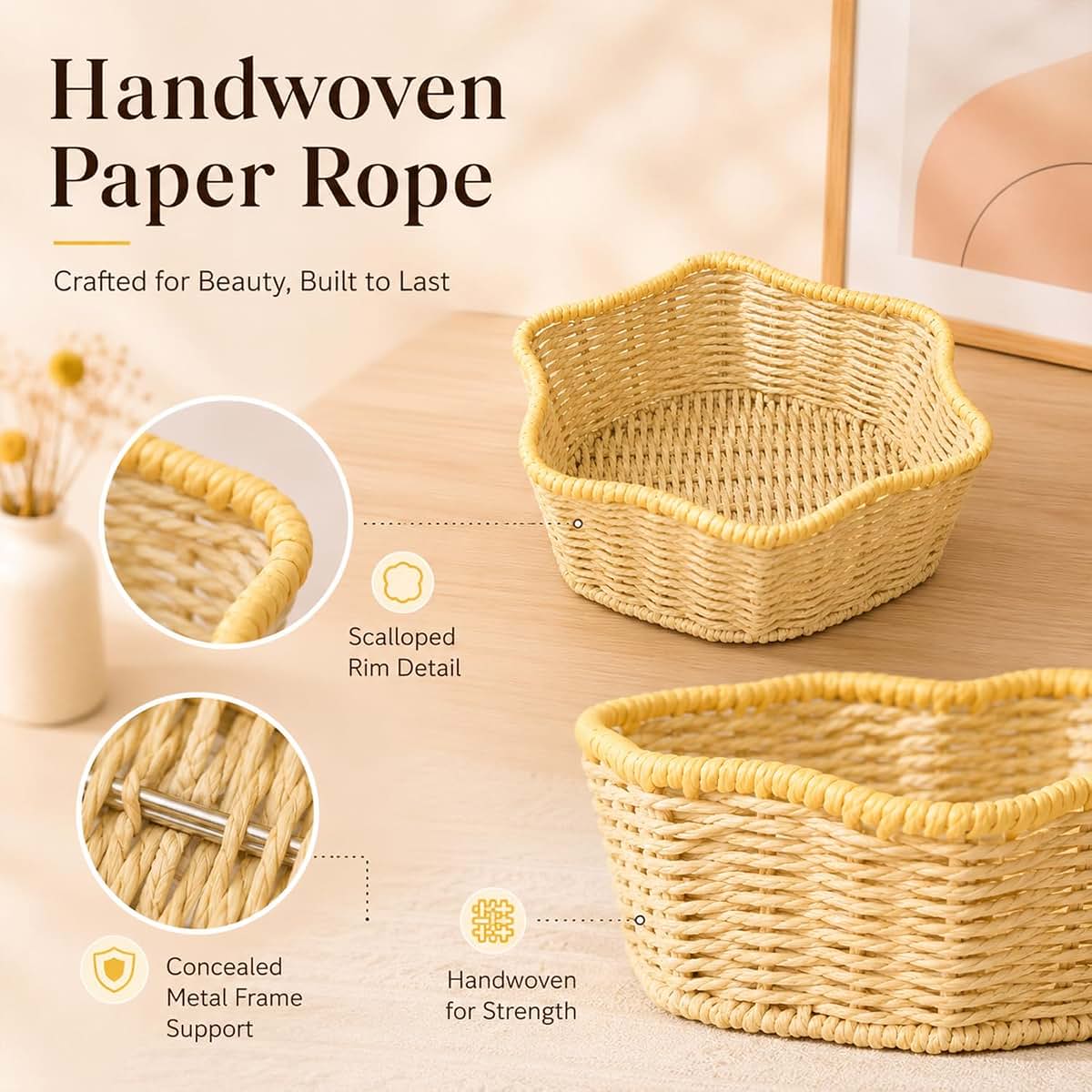 Dunbori Handwoven Paper Rope Storage Basket, Flower Shape in Light Yellow