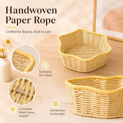 Dunbori Handwoven Paper Rope Storage Basket, Flower Shape in Light Yellow