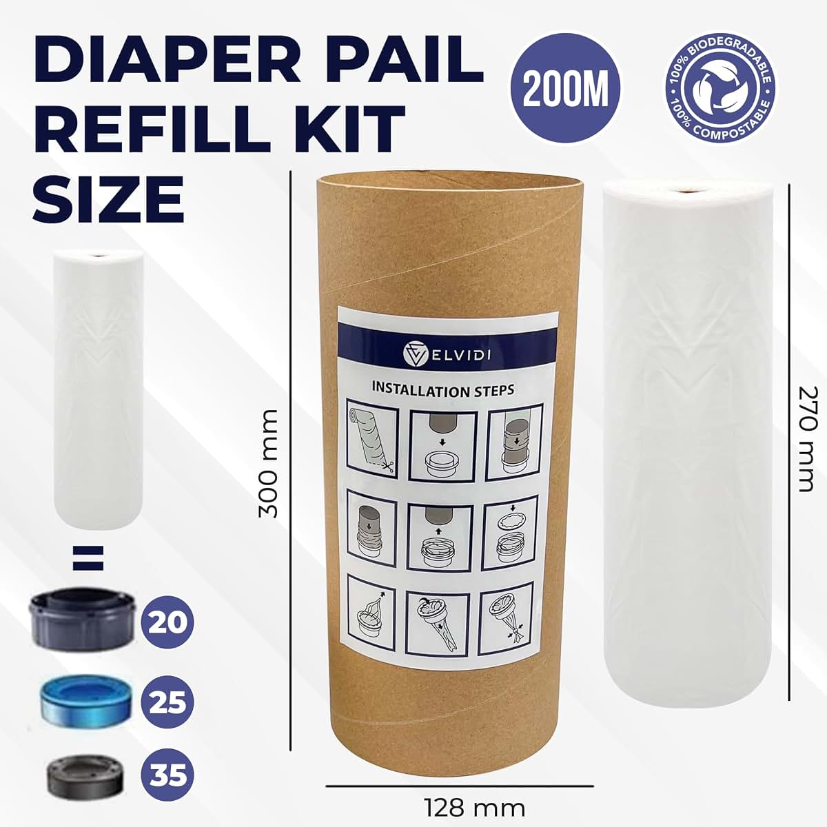 Elvidi 200m Diaper Pail Refill Bag Roll For Universal Disposal Systems (photo 3)