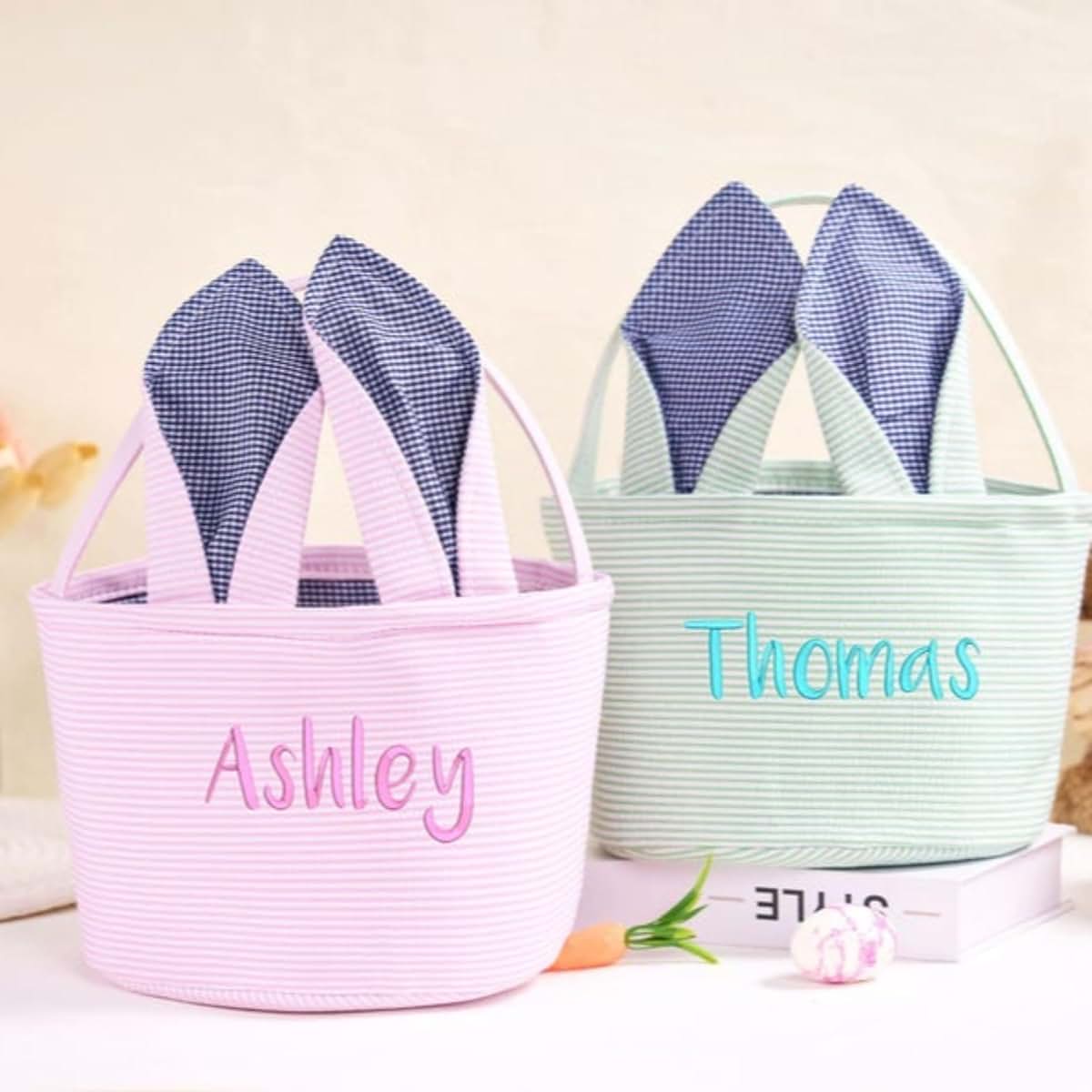 Qijundian Personalized Seersucker Easter Basket,Embroidered Easter Basket, Girls Boys Easter Basket,Custom Easter (photo 3)