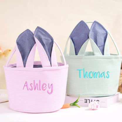 Qijundian Personalized Seersucker Easter Basket,Embroidered Easter Basket, Girls Boys Easter Basket,Custom Easter (photo 3)