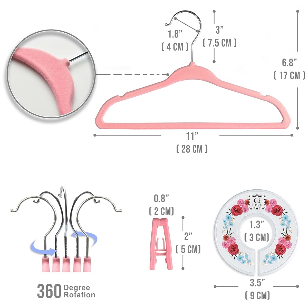 Babyrish Velvet Baby Hangers with Clips and Dividers - 30 Pack Pink