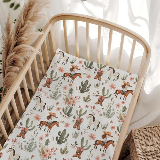 Wicbfdfv Cute Western Cowgirl Horse Boho Floral Fitted Baby Crib Sheet for Boys Girls 28"x52" Cartoon Cowgirls Boot Hat