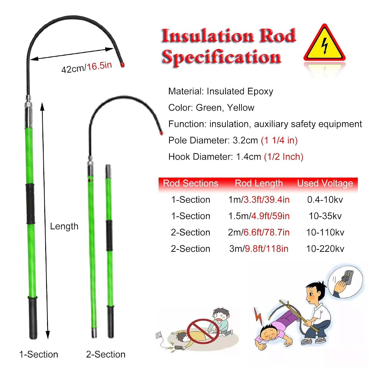Insulated Rescue Hook Pole 3 to 10 Ft with 16.5in Hook
