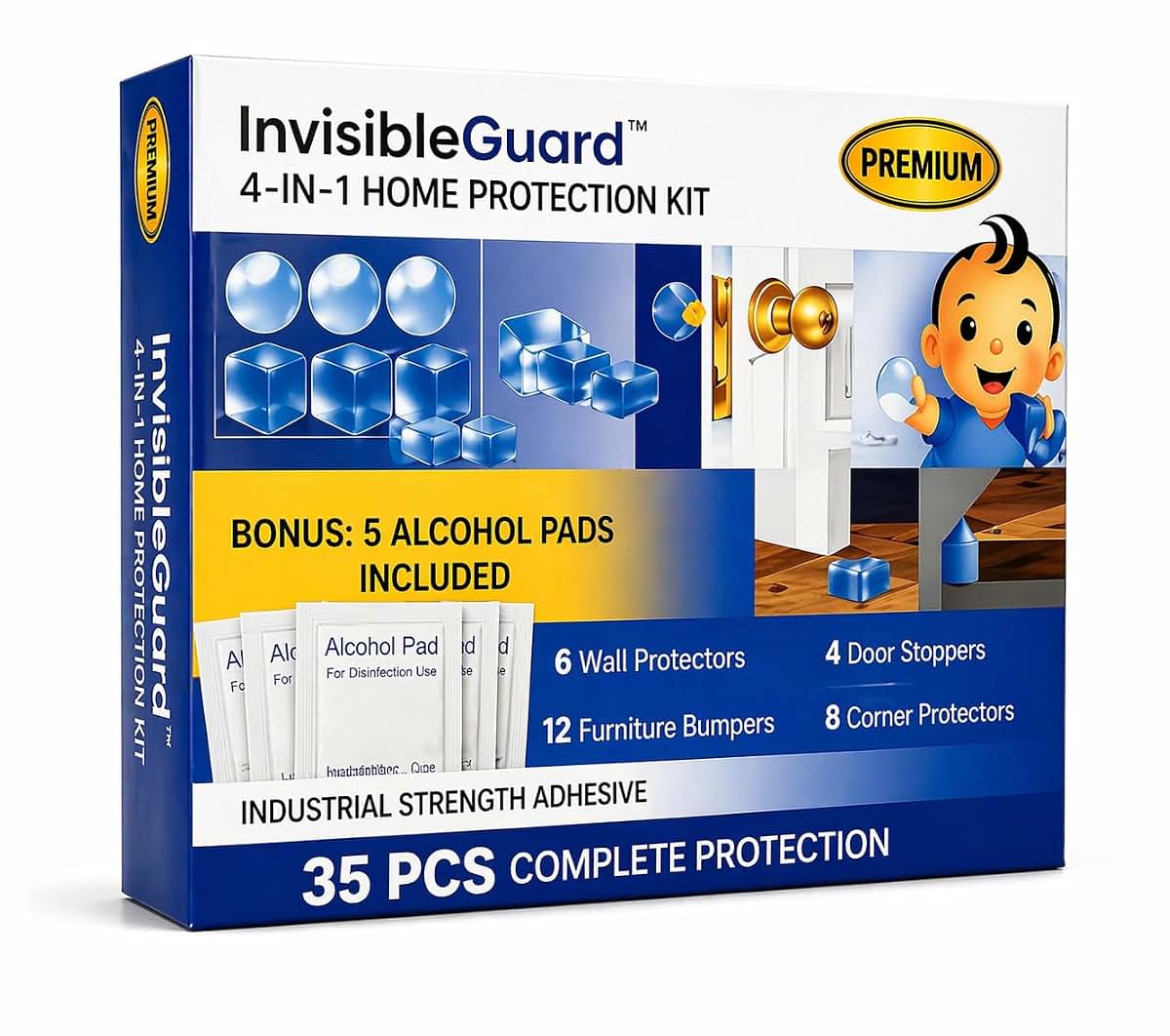 4-in-1 Baby Proofing Kit, 35 Piece Set with Furniture Edge Guards, Corner Protectors, Wall Protectors & Door Stoppers