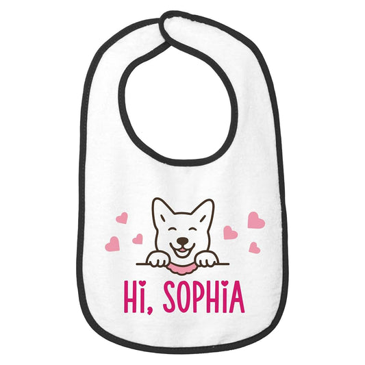Smiling Jindo Personalized Baby Bib with Name – Soft Cotton Terry, Cute Jindo Dog Design, Custom Text 1-2 Lines