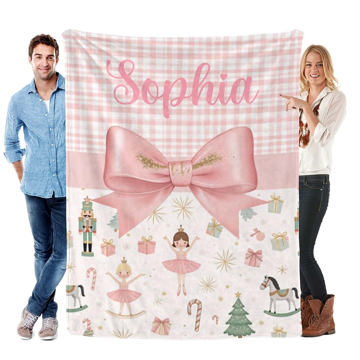 TailorYYCustomZ Personalized Pink Bow Plaid Girls Nutcracker Throw Blanket Customized with Baby Name Swaddling Blankets