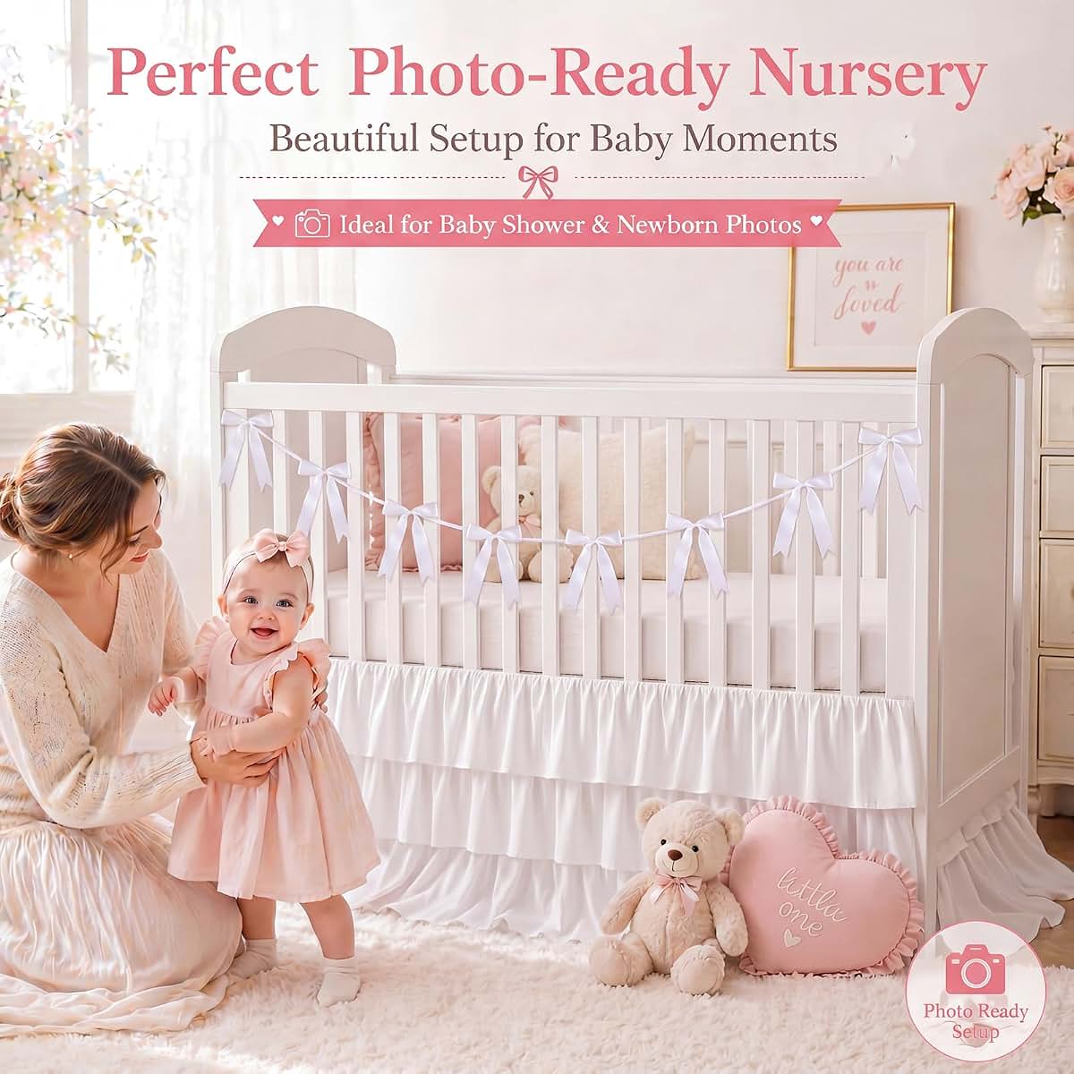 CrystalSylara Extra Long White Ruffled Crib Skirt With 8 Piece Bow Set (photo 4)