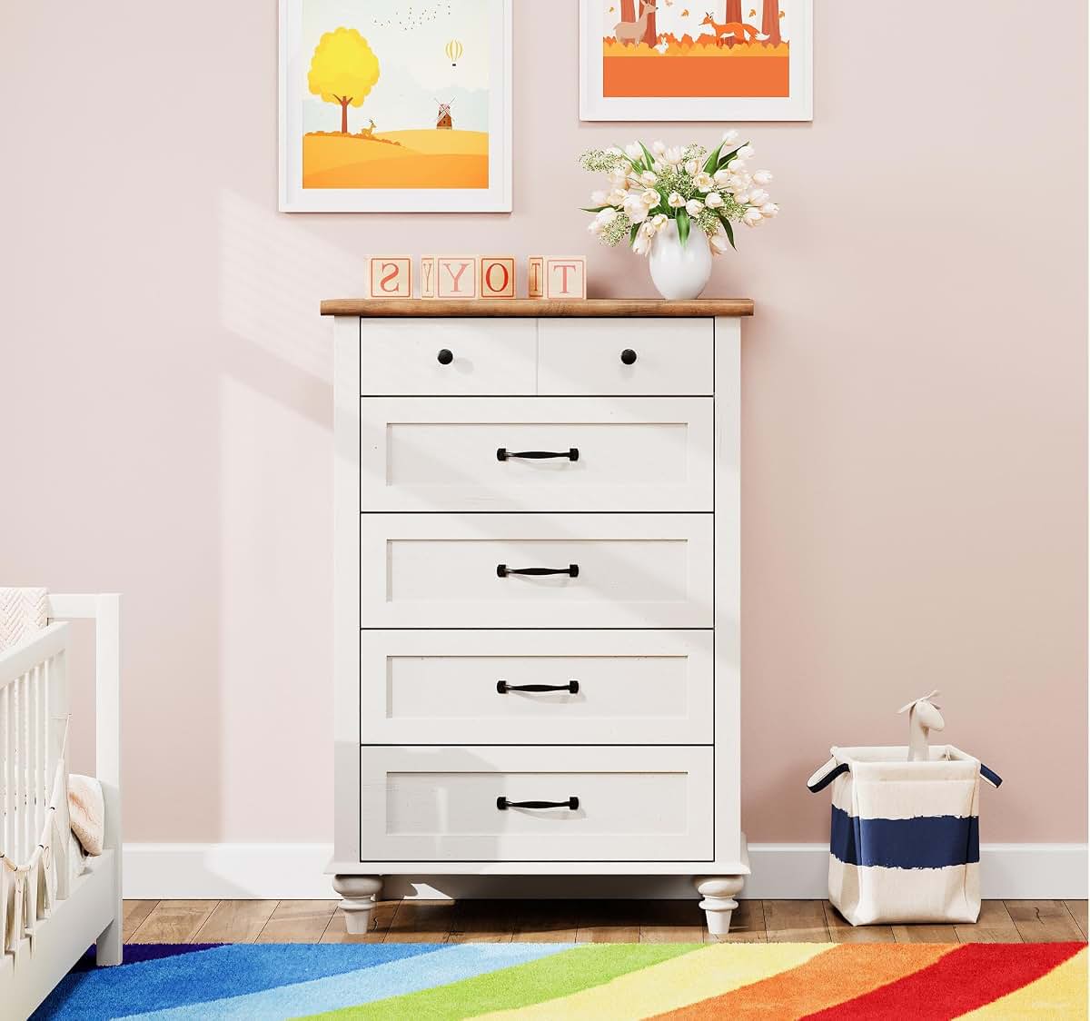 WAMPAT Kids Dresser with 5 Drawers, Engineered Wood, Off White