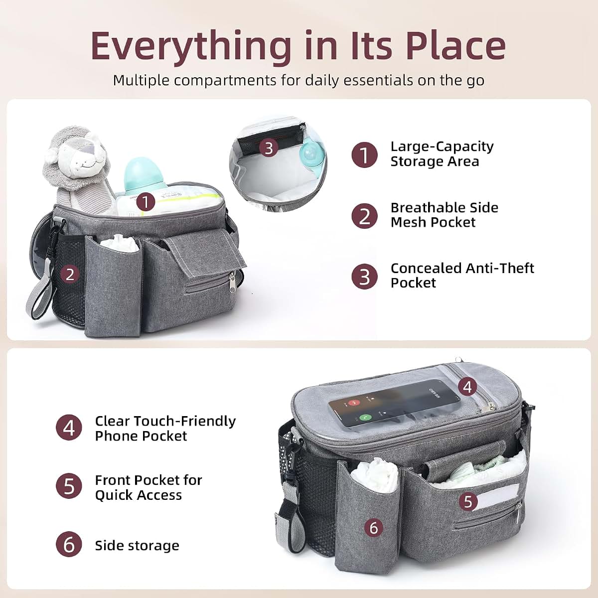 Nufuriri Universal Stroller Organizer Caddy with Phone Pocket