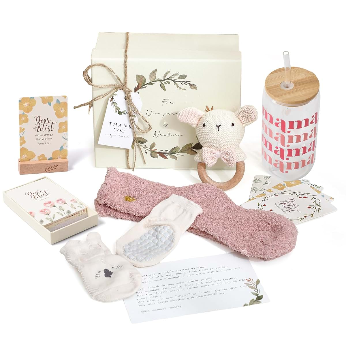 Mamimami Home New Mom Baby Girl Gift Set, 6 Pieces with Glass Cup and Bunny Rattle