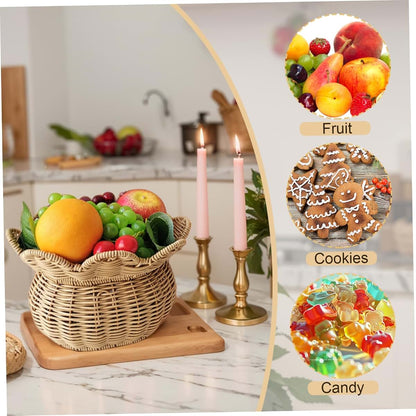 Wicker Basket with Lid, 2-Piece Handwoven Scalloped Rattan Fruit and Candy Storage