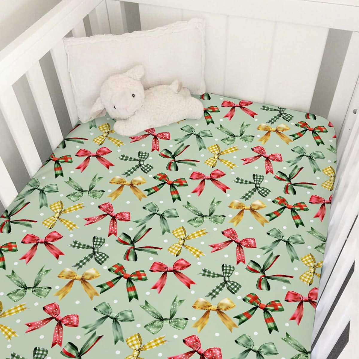 BabyOneStop Christmas Bows Crib Sheet 52x28 Red Green Tartan Stretchy Fitted Standard Crib Mattress Cover