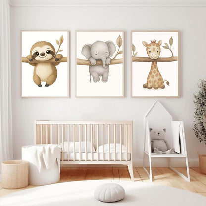 BeiYiHo 3 Beige Baby Room Poster Baby Animals Lazy Elephant Giraffe Poster Child 30 40 Canvas Deco Baby Room Poster