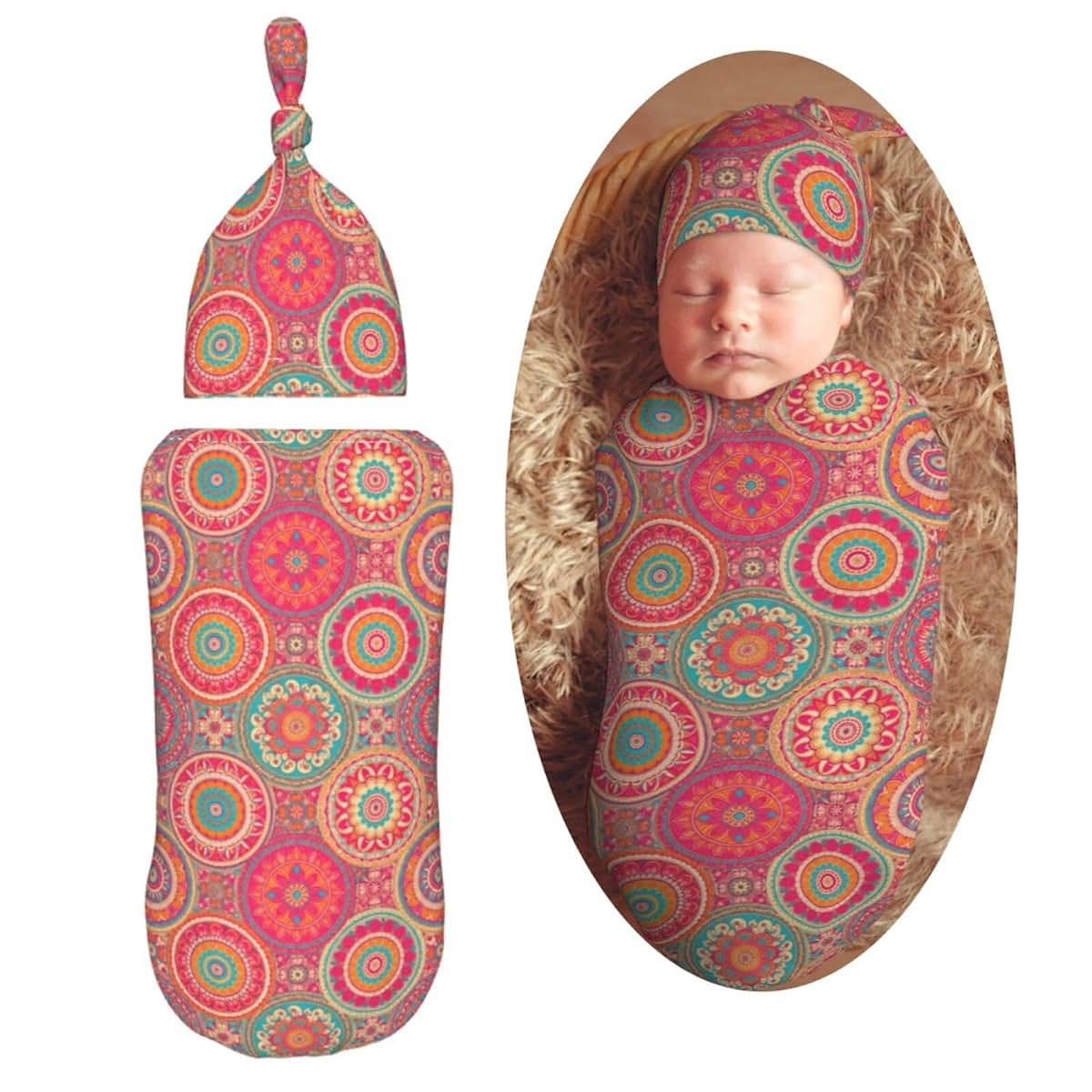 Muishi Mandala Swaddle Blanket and Hat Set for Newborns