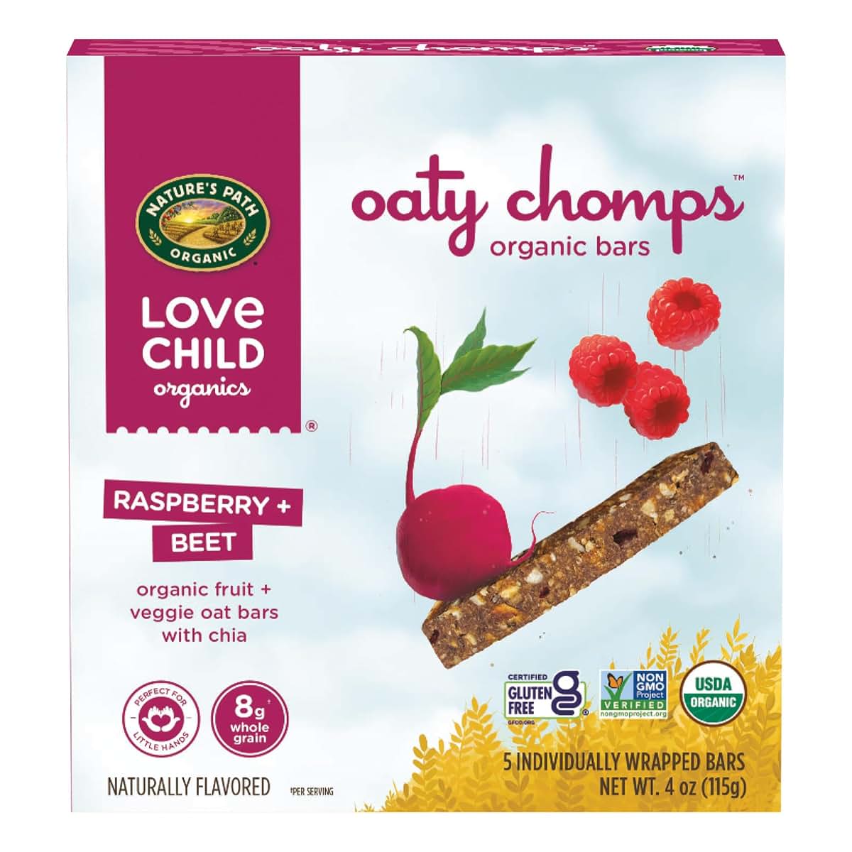 Love Child Organics Oaty Chomps Raspberry + Beet Bars, 4 oz, Pack of 8