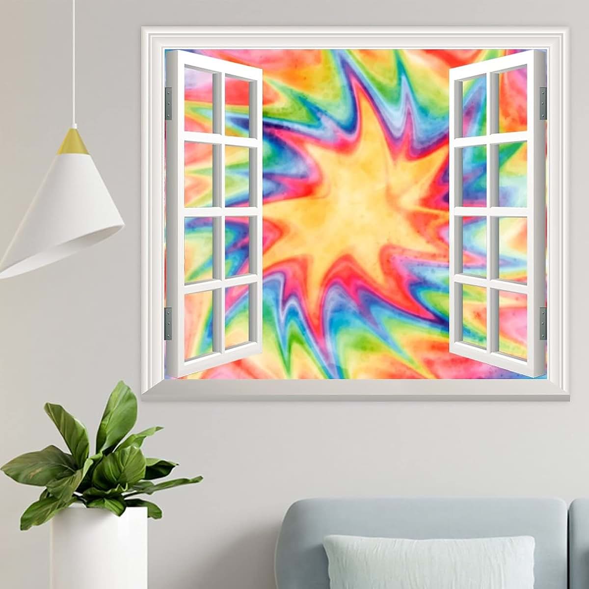 BabyOneStop 3D Wall Decals Window Looking Out Watercolor Tie-dye Rainbow Wall Stickers