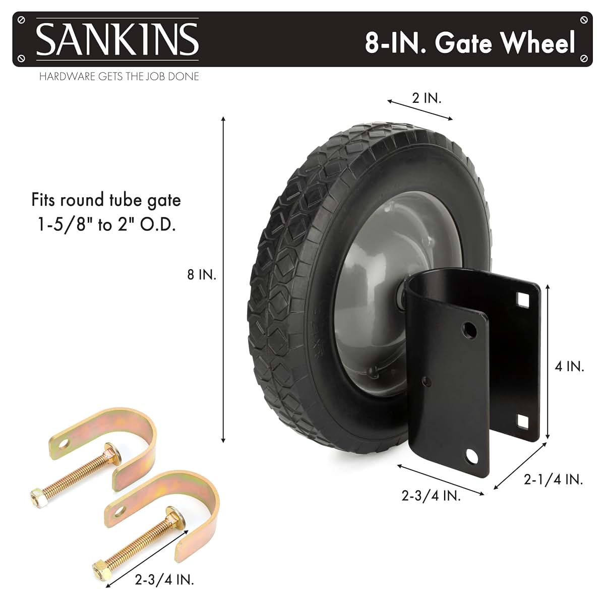 SANKINS 8" Rubber Gate Caster Wheel for Swing Gates, Fits 1-5/8" to 2" Round Tube Frames