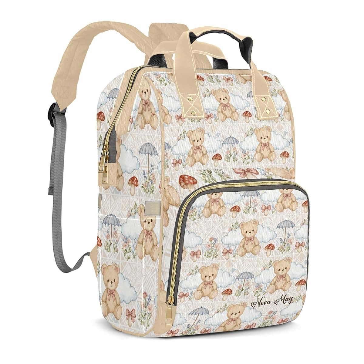 LiSoAkWE Personalized Diaper Bag Backpack with Name,Customized Cute Bear Clouds Bow Mushrooms Nappy Backpack for Baby (photo 2)