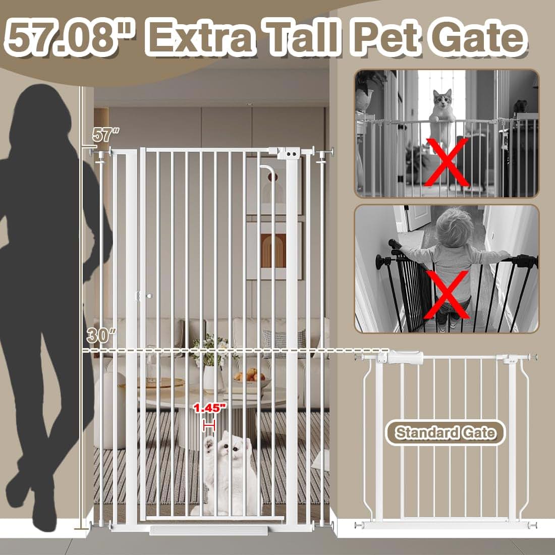 THEYFIRST 57 Inch Extra Tall Pet Gate for Doorways, Pressure Mounted Walk Through with Auto Close, White