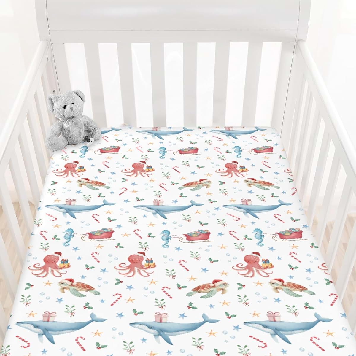 Cstdyfrv Christmas Sea Animals Baby Crib Sheets Coastal Whale Turtle Sea Horse Santa Hat Gifts Baby Sheet Winter (photo 2)