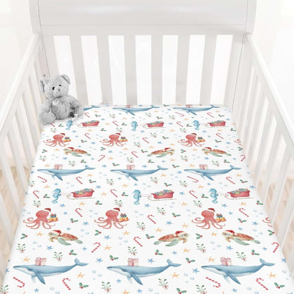 Cstdyfrv Christmas Sea Animals Baby Crib Sheets Coastal Whale Turtle Sea Horse Santa Hat Gifts Baby Sheet Winter (photo 2)