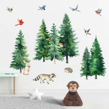 Mfault Watercolor Forest Animals Wall Decals – Woodland Birds Raccoon Hedgehog Nursery Decor