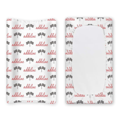 Duckbe Personalized Baby Changing Pad Cover - Muslin Fitted Sheet for Bassinet & Crib, Racing Flag (16x32)