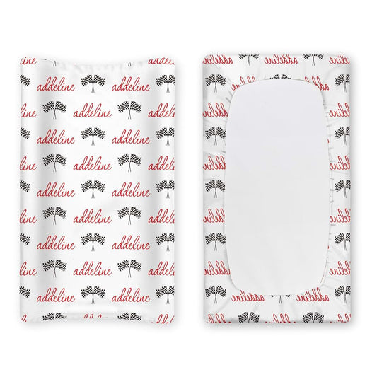 Duckbe Personalized Baby Changing Pad Cover - Muslin Fitted Sheet for Bassinet & Crib, Racing Flag (16x32)