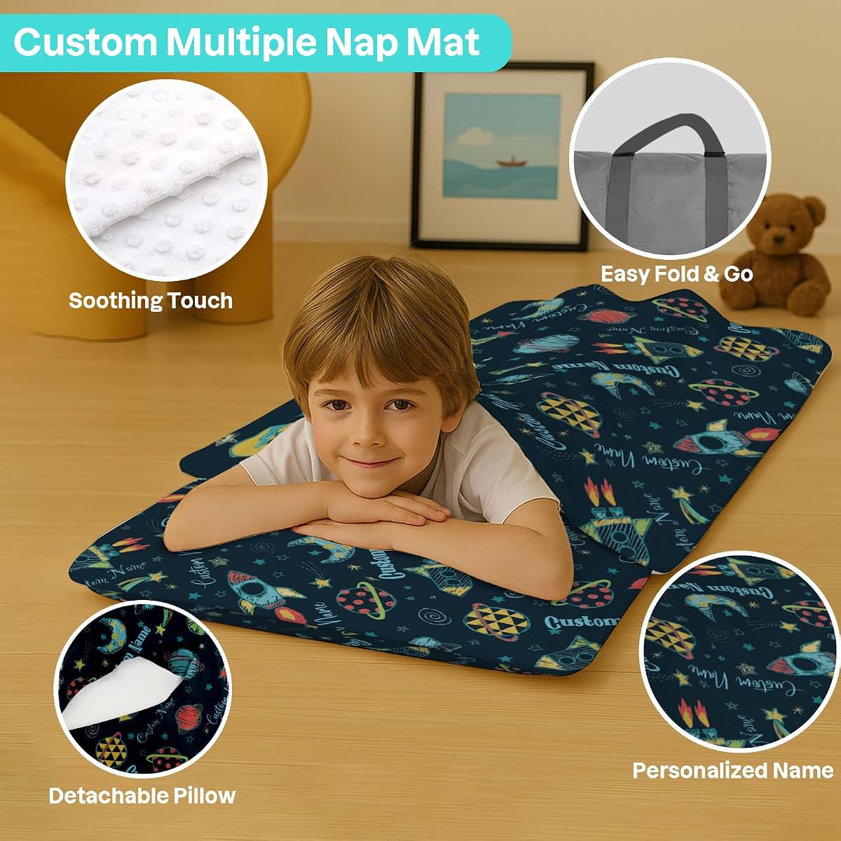 Kryvoxc Personalized Space Adventure Toddler Nap Mat with Pillow and Blanket (photo 2)