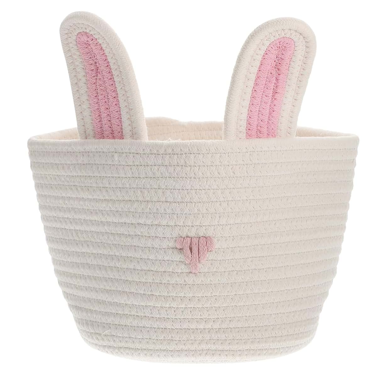 JOINPAYA Cotton Rope Rabbit Basket Organizer with Handle, White Round Storage Bin