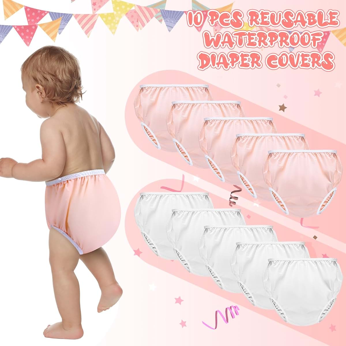 Cozypower 10 Pairs Waterproof Plastic Pants for Toddlers, M, White, Pink (photo 2)