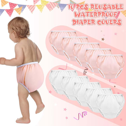 Cozypower 10 Pairs Waterproof Plastic Pants for Toddlers, M, White, Pink (photo 2)