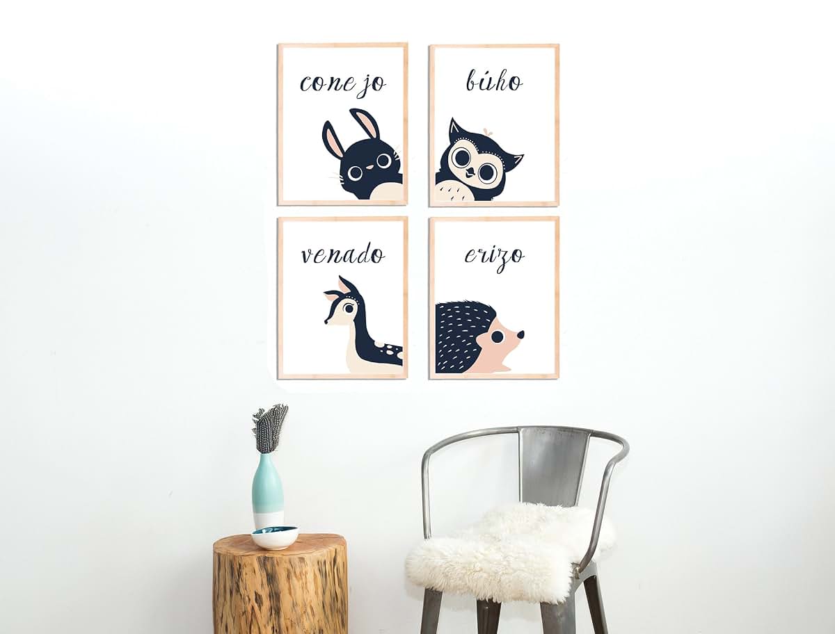 Children Inspire Design Peeking Animal Spanish Wall Art Set of 4 Prints