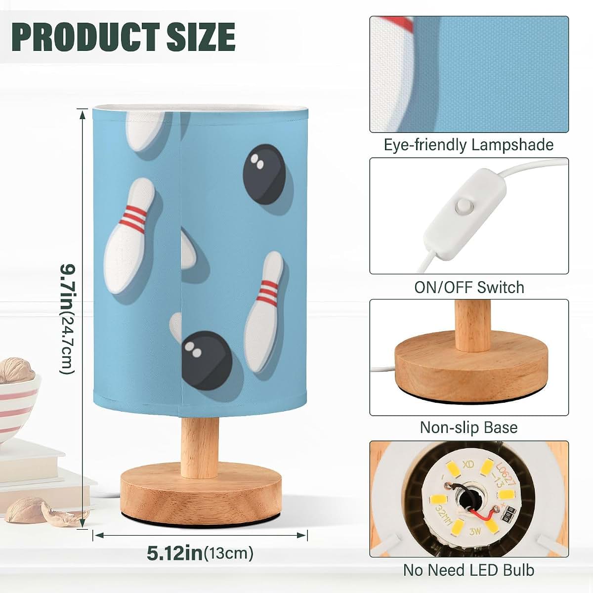 Vdsrup Bowling Ball Table Lamp with USB Port, Fabric Shade and Wood Base
