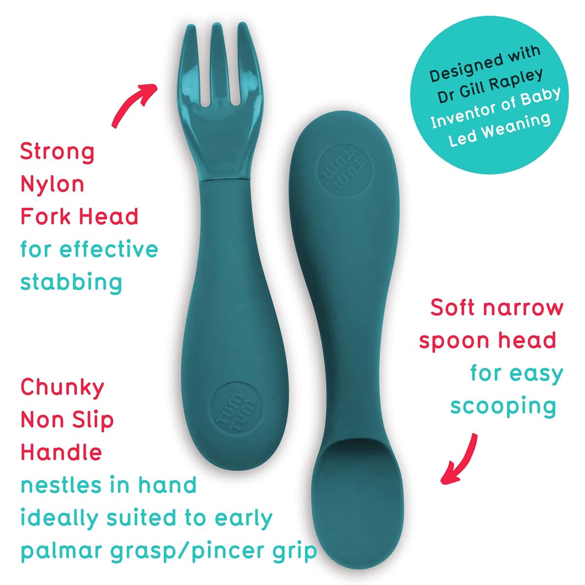 TUM TUM Baby Cutlery Set, Silicone Spoon & Fork with Travel Case, Blue