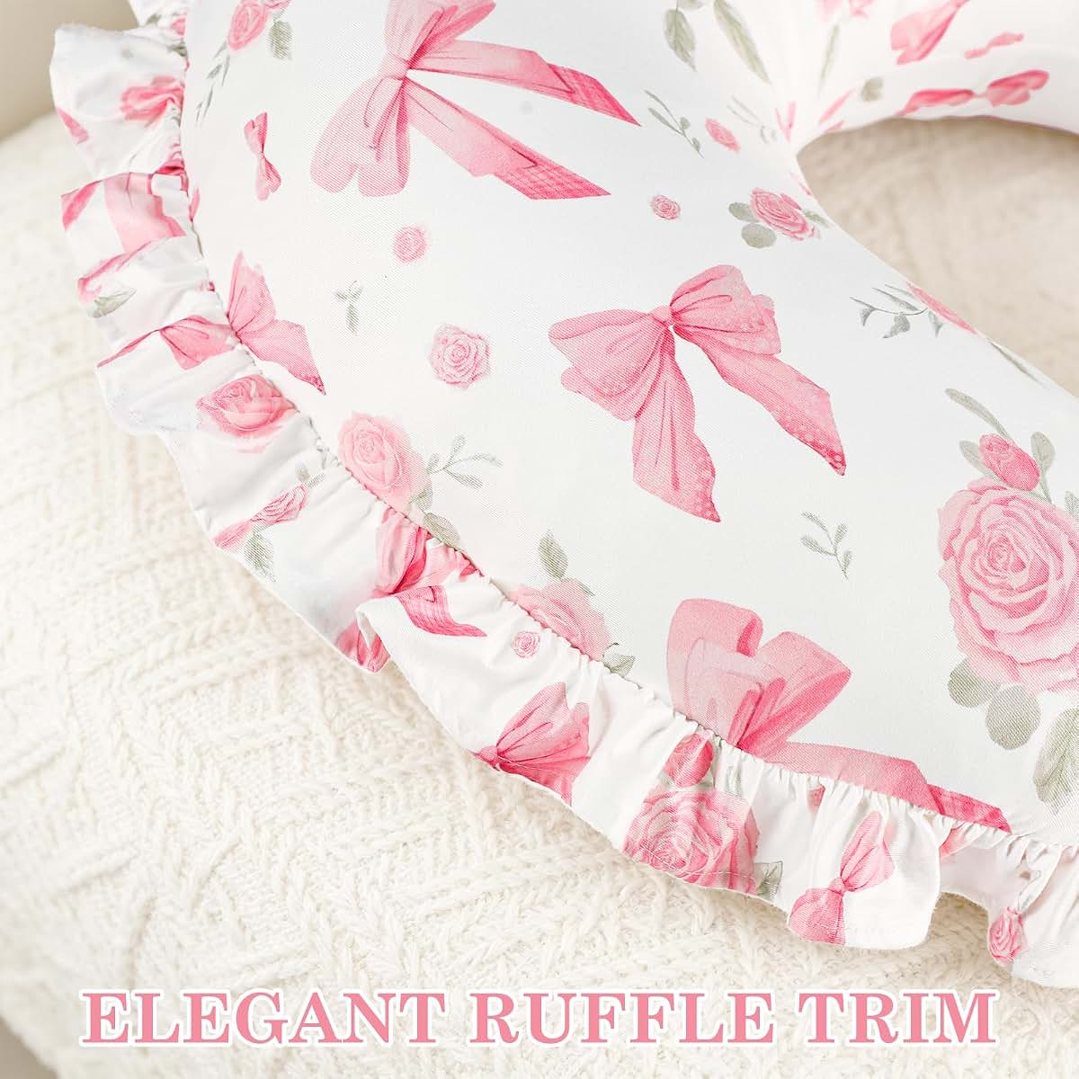 Jundetye Nursing Pillow Cover for Baby Girl, Soft Stretch Breastfeeding Pillow Cover Pink Floral, Elegant Ruffled Trim (photo 3)