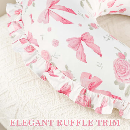 Jundetye Nursing Pillow Cover for Baby Girl, Soft Stretch Breastfeeding Pillow Cover Pink Floral, Elegant Ruffled Trim (photo 3)