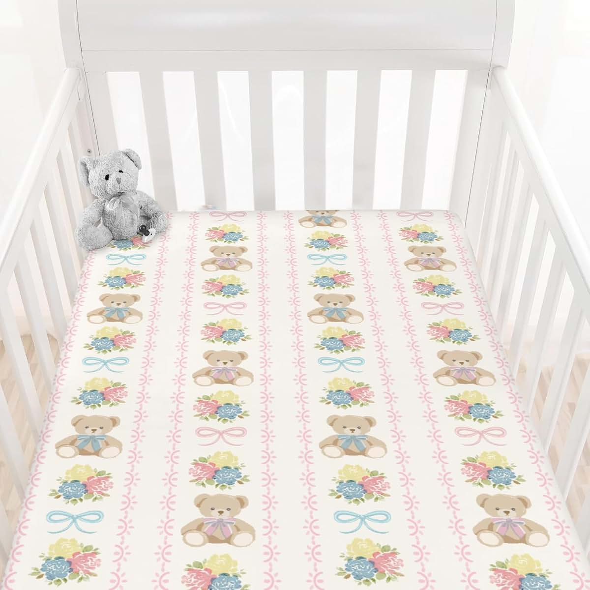 Cstdyfrv Cute Bears Boho Flowers Fitted Crib Sheet for Standard Mattresses (photo 2)