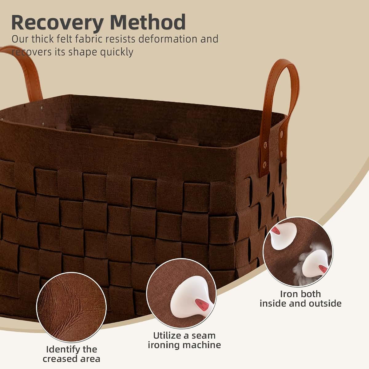 boldmonkey Laundry Basket 16.5 " x13 x13 , Large Rectangular Felt Fabric Blanket Basket with Leather Handle, Dirt (photo 3)