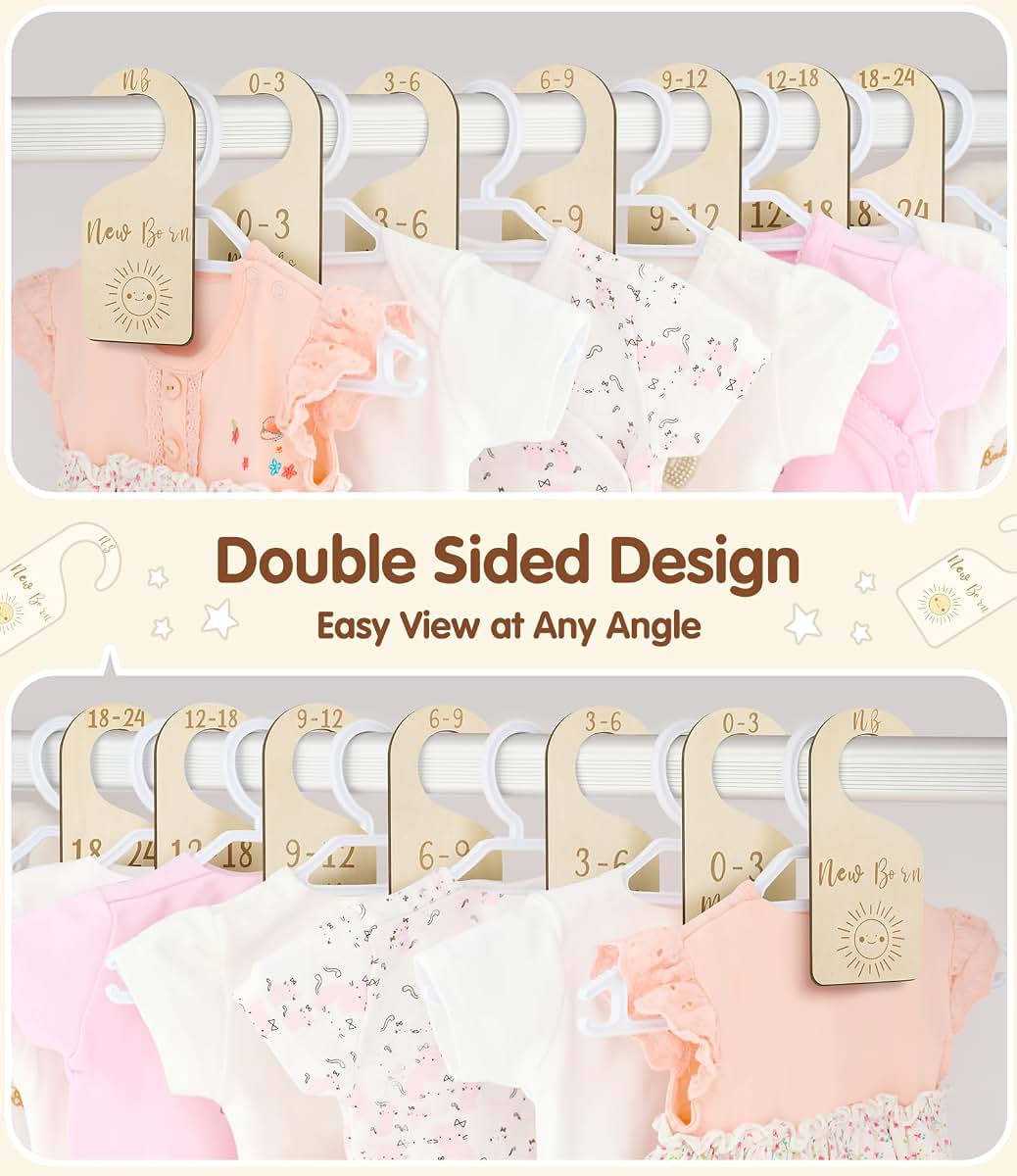 MEILIDY Double Sided Baby Closet Dividers, 7 Pcs Wooden Nursery Organizers for Newborn to 24 Months
