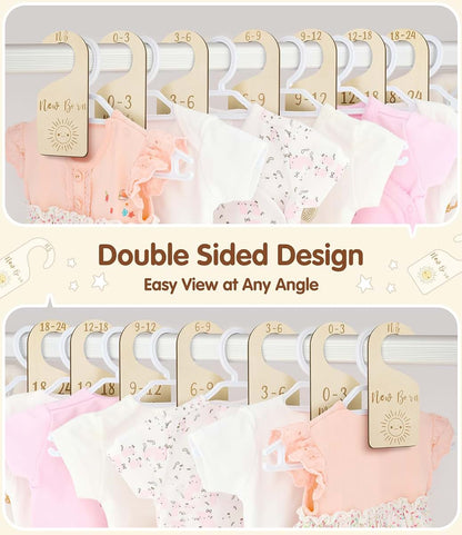 MEILIDY Double Sided Baby Closet Dividers, 7 Pcs Wooden Nursery Organizers for Newborn to 24 Months