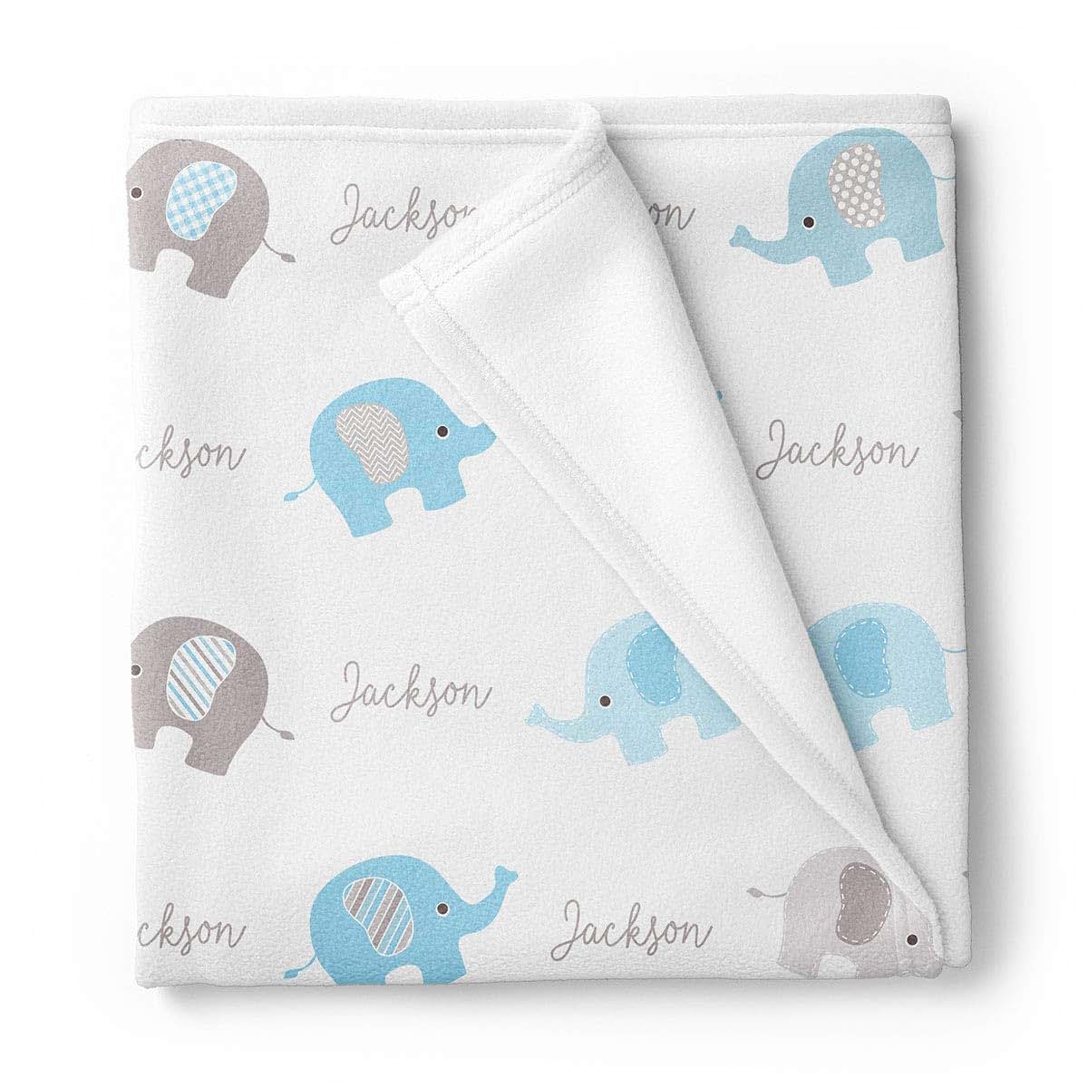 Lovable Gift Co Personalized Elephant Fleece Baby Boys Blanket, White/Blue