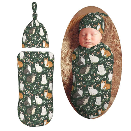 Muishi Cats Flowers Newborn Swaddle Blanket and Hat Set